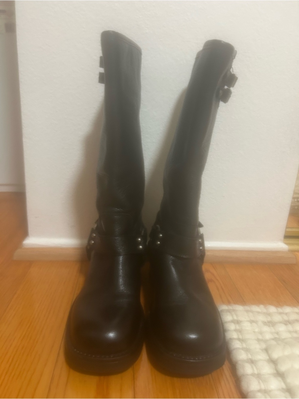 Steve Madden Black Leather Mid-Calf Women's Harness Moto Boots - pre owned